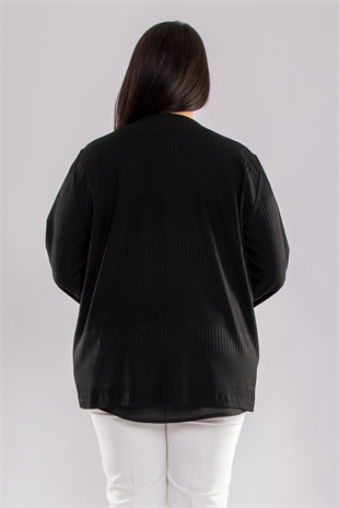 0054 Büyük Beden Cebi Taş Baskılı Çıtçıtlı Uzun Kol Kadın Ceket