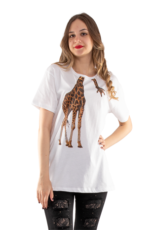 2706 Taşlı Züraf Baskı Salaş Kadın Tshirt